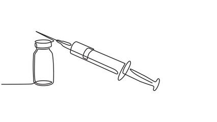 Continuous one line animation video of Health concept, medical syringe with vaccine vial in moving line animation video style. 4k videos - Powered by Adobe