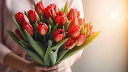 Women's hands holding a bouquet of red tulips for congratulations on Mother's Day, Valentine's Day, women's Day. Blurred background.