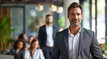 Fototapeta premium Cheerful businessman standing with arms folded in front of colleagues