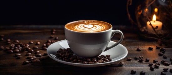 Dark background. Hot latte or cappuccino with milk on wooden table. Copy space.