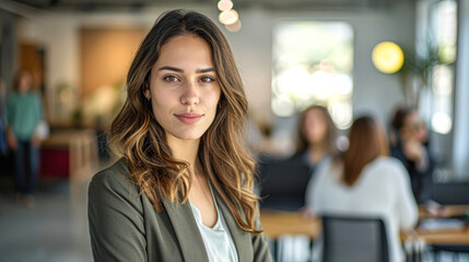 Fototapeta premium Business woman with her staff, people group in background at modern bright office indoors.