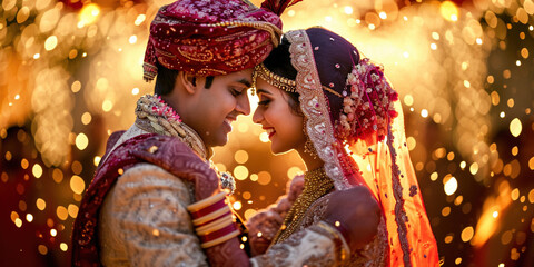 Indian groom dressed in white Sherwani with stunning bride in lehenga during the Saptapadi ceremony on Hindu wedding spousal. Celebration of special day of marriage ceremony concept
