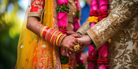 Indian Hindu Couple holding each other hands during their marriage symbolising love and affection. Hands of bride is decorated beautifully by indian mehndi art alongwith jewellery and colorful bangles