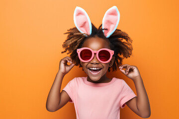Portrait on orange banner of African American happy smiling young elementary school girl with cute bunny rabbit ears on studio bright background. Empty space place for text, copy paste