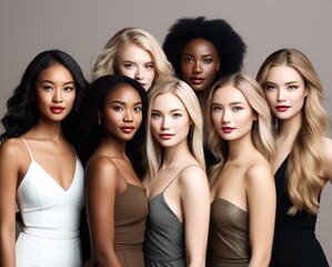 Obraz premium Group of women with different races. Harmony in diversity. Generative AI.
