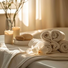 Obraz na płótnie Canvas Wellness Spa at Home: Captured in a bathroom or bedroom with spa essentials and soothing elements, evoke feelings of relaxation, pampering, and holistic wellness.
