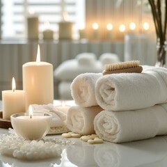 Wellness Spa at Home: Captured in a bathroom or bedroom with spa essentials and soothing elements, evoke feelings of relaxation, pampering, and holistic wellness.