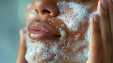 A person applying a gentle exfoliating product or facial cleanser to the skin, convey the importance of a delicate and effective exfoliation step in skincare routines.