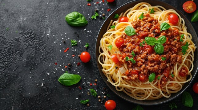 Vegetarian lentils with spaghetti pasta and parsley in a white dish. Generative Ai.