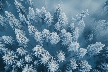 Aerial view on pine trees in forest during white winter, a beautiful, sliver, nature and landscape to explore, good for wallpaper, abstract or texture background purpose...