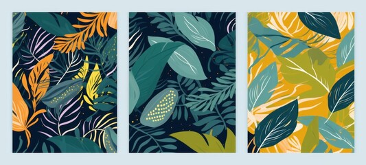Set of abstract art seamless patterns with tropical leaves. Modern exotic design, Generative AI - obrazy, fototapety, plakaty