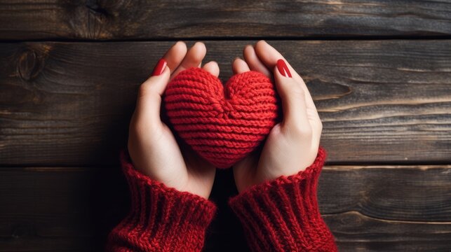 Close-up of a woman in a warm sweater holding a knitted red heart on a wooden background. Valentine's Day greeting card. A symbol of love. View from above.