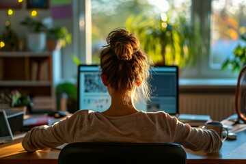 A rear view of woman working from home on computer,  working at her desk in her home office with a window view, cinematography style in a daily life concept...
