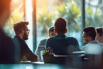 A group of young businessmen working and communicating together in an office, photo taking from their back view with selective focus, in minimalism and cinematography style...