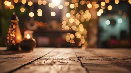 empty rustic wooden table top and blur of room with a ramadan kareem decoration background. - obrazy, fototapety, plakaty