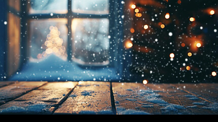 empty rustic wooden table top and blur of room with a christmas decoration background. window, stary night, falling snow. AI Generative
