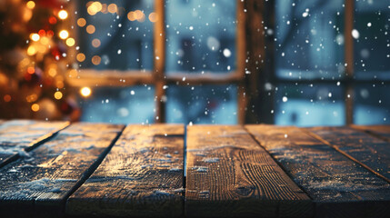 empty rustic wooden table top and blur of room with a christmas decoration background. window, stary night, falling snow. AI Generative - obrazy, fototapety, plakaty