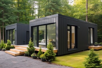 Modern black cabin in the woods