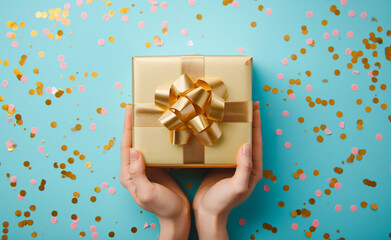 Woman hands holding elegant present gift box with golden ribbon over blue background with confetti. 