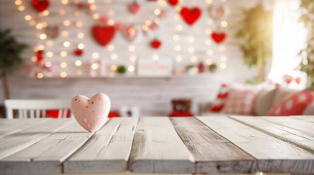 empty table top and blur of room on a blur Valentine’s Day decoration background. AI Generative