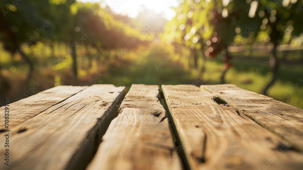 Wall mural empty oak beige wooden table top and blur of grape farm garden backgroun. AI Generative