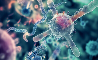 Abstract background with a macro shot of various microbes including virus cells and bacteria