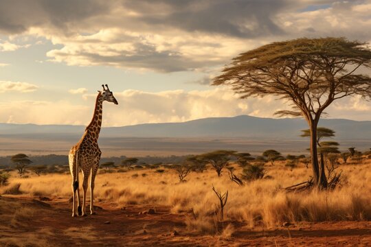 Fototapeta Giraffe in a wildlife safari in a jungle in kenya, africa
