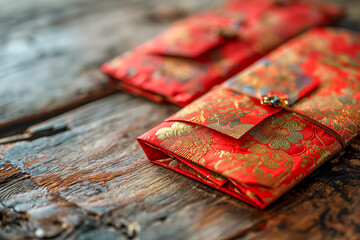 Red envelopes with golden patterns beside vibrant red blossoms on a branch with a blurred background