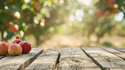 empty oak beige wooden table top and blur of pomegranate farm garden background. AI Generative