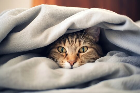 Cat hiding under a blanket with a playful and curious gaze.