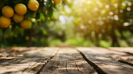 Wooden table top on blur plant vegatable or fruit organic farm background. AI Generative - obrazy, fototapety, plakaty