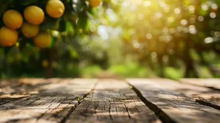 Fotobehang Wooden table top on blur plant vegatable or fruit organic farm background. AI Generative © Fuji