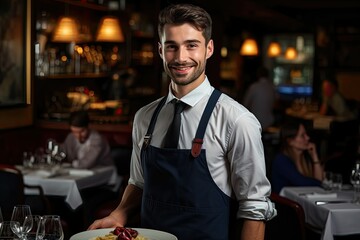 Confident male waiter serving food at an upscale restaurant.