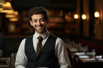 Fototapeta premium Smiling male waiter in a vest and tie standing in a restaurant.