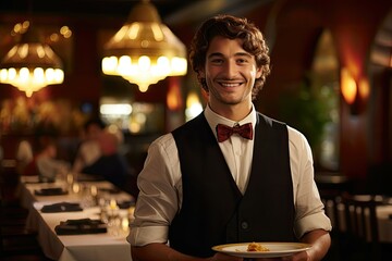 Young waiter in a vest and bowtie smiling with plate in hand at restaurant. - obrazy, fototapety, plakaty