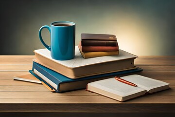 stack of books and a cup of coffee