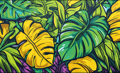 Graffiti drawing of tropical leaves with yellow, in the style of hip hop aesthetics.	