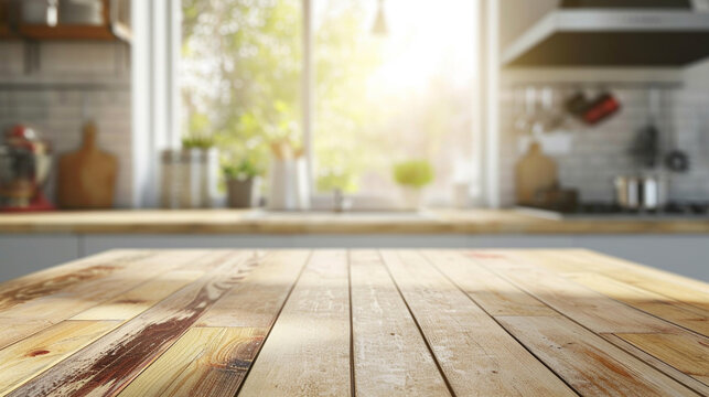 Empty beautiful wood table top counter and blur bokeh modern kitchen interior background in clean and bright. AI Generative