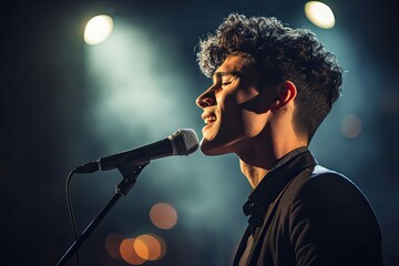 A male singer lost in the music, singing at a concert with a spotlight.