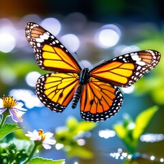Graceful Monarch Butterfly Flying Among Blooming Flowers. Generative AI.