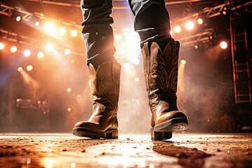 Performer's perspective with cowboy boots on a lit stage, facing the concert lights.
