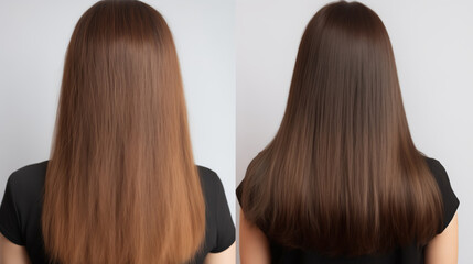 Hair before and after treatment, sick, cut and healthy hair.