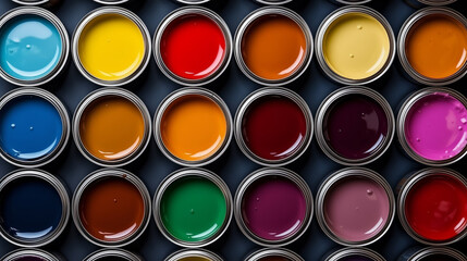 Flat lay open cans of color paint, top view.