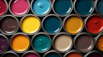 Flat lay open cans of color paint, top view.