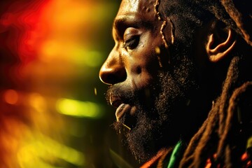 Close-up of a serene man with dreadlocks amidst colorful lights.