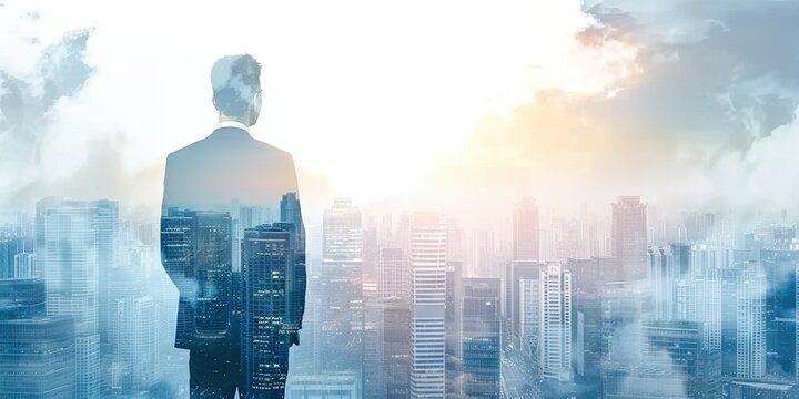 Corporate Visionary. Double Exposure Of Businessman Gazing Into Urban Horizon Reflecting Success Innovation And Future Leadership. Ideal For Capturing Essence Of Modern Executive Thinking