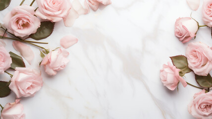 white marble background with scattered blush pink roses and delicate gold leaf