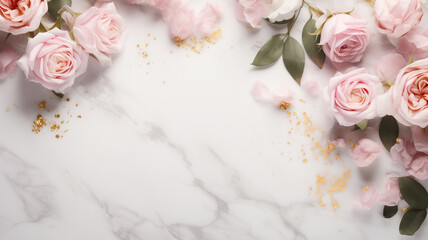 white marble background with scattered blush pink roses and delicate gold leaf - obrazy, fototapety, plakaty