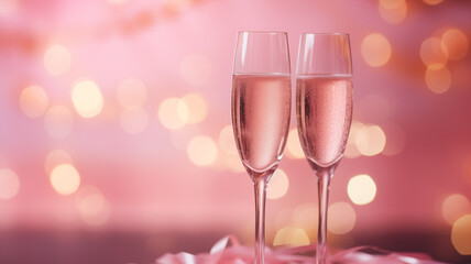 Pink rose champagne glasses close up, bokeh lights background.