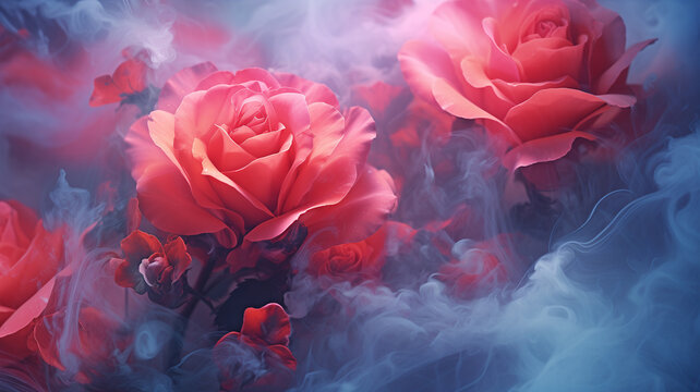 Digital art of Red roses made of colorful fog ice, Valentines day.